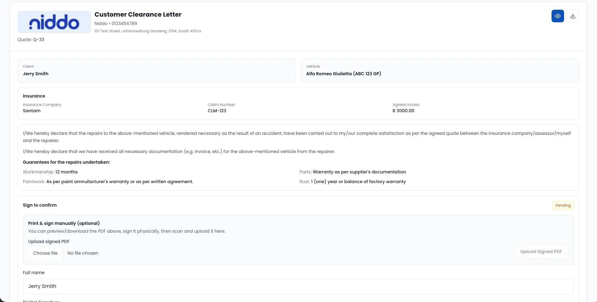 Clearance signing view screenshot