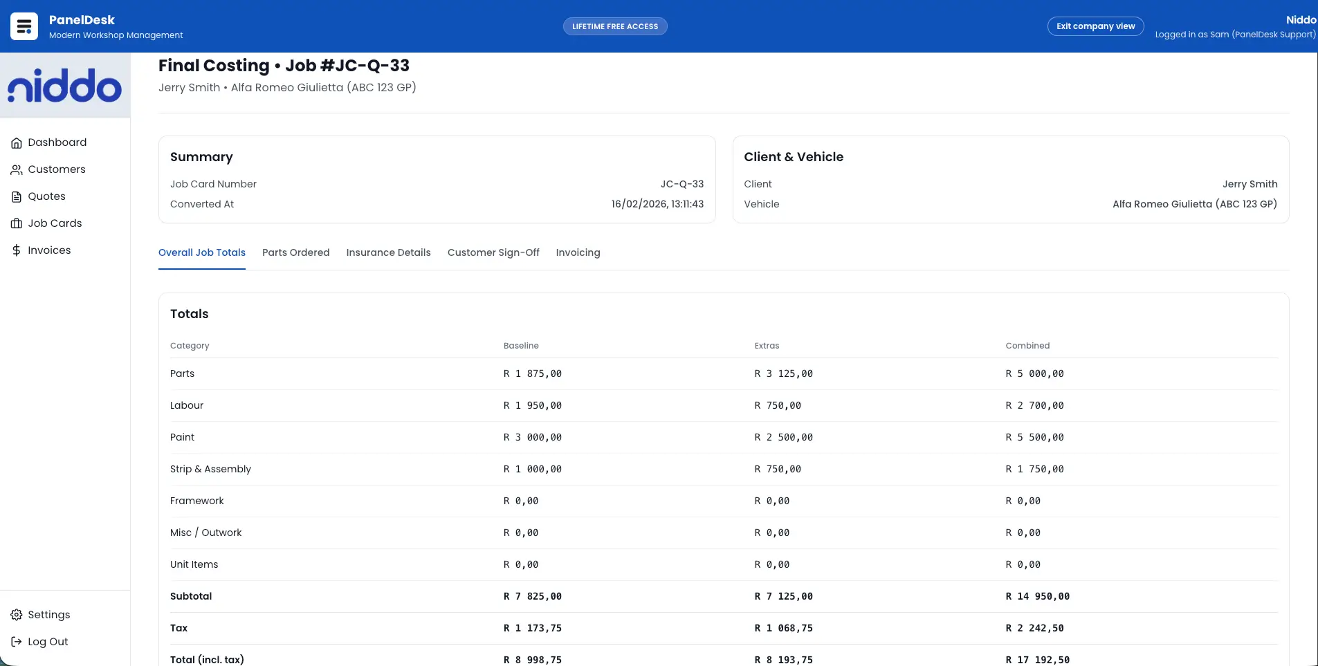 Completed job costing view screenshot