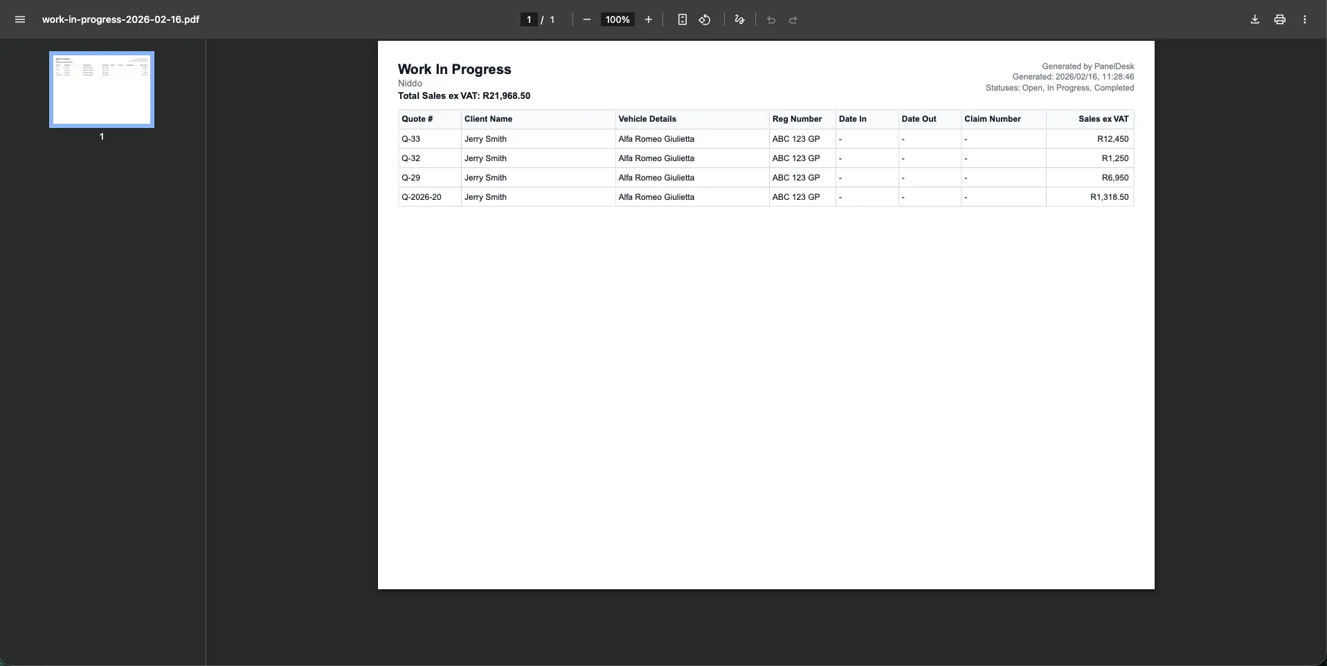 WIP PDF output view screenshot